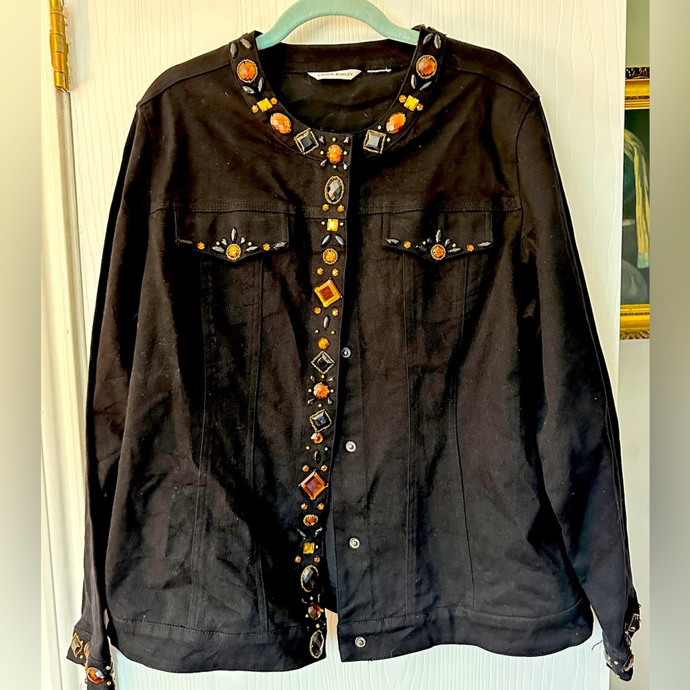 Laura Ashley bejeweled black denim jacket- sparkly goodness size XL